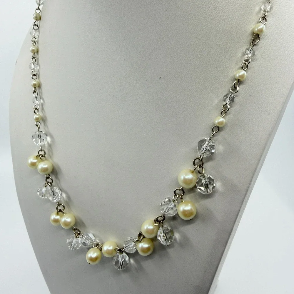 Elegant Faux Pearl & Clear Crystal Bead Statement Necklace Cottagecore Romantic
